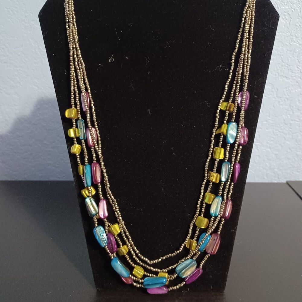 Multi-Strand Black, Green, Blue, Purple Beaded Statement Necklace, 20" - Picture 1 of 2